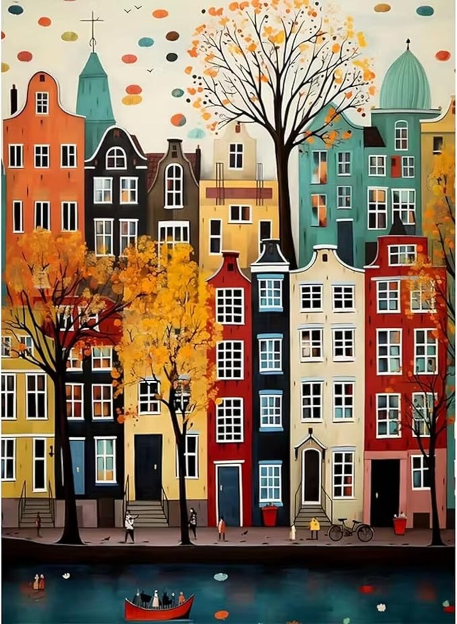 Landscape Diamond Art Kits for Adults - 5D Buiding Diamond Painting Kits for Beginners, DIY Street Cross Gem Art Crafts Full Round Drill for Home Walls Decor 12X16Inch